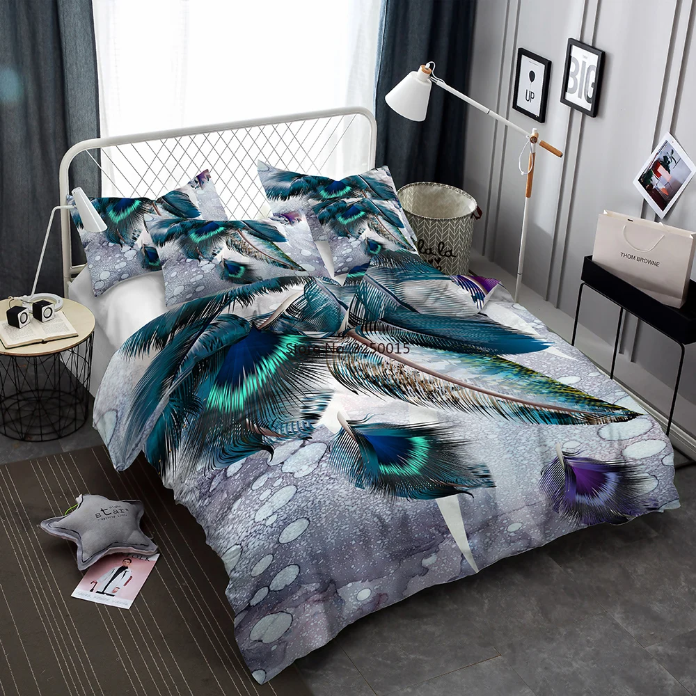 

2/3 PCS Microfiber Duvet Cover Peacock Feather Painting Bedding Girl Bedroom Single Double Bed Cover Set Retro Colors Bedspread