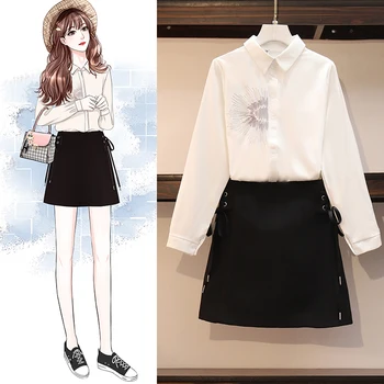 

spring embroidery new large size ladies' fat MM two-piece women shirt skirt