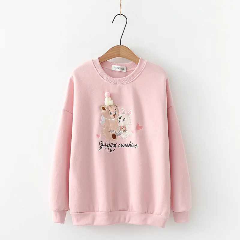 Розовый Merry Pretty женские толстовки с капюшоном Harajuku мультфильм медведь вышивка Толстый Пуловер с длинным рукавом o-образным вырезом свободный спортивный костюм - Цвет: Розовый