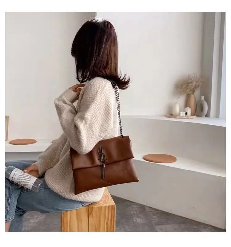 Bolso de hombro de cuero de para mujer, bolso de bandolera con cadena, Bolso grande de diseñador de marca famosa, bolso de