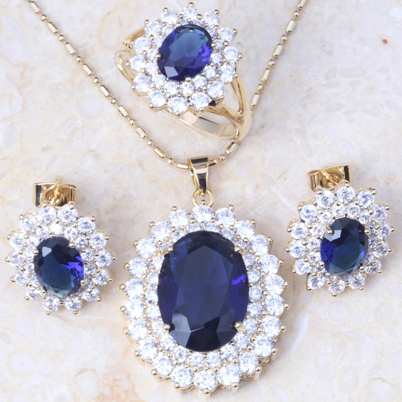 Love Monologue Classic Blue Crystal &amp Cubic Zirconia Yellow Gold Color Necklace Pendant Drop Earrings Bridal Jewelry Sets KT003 |