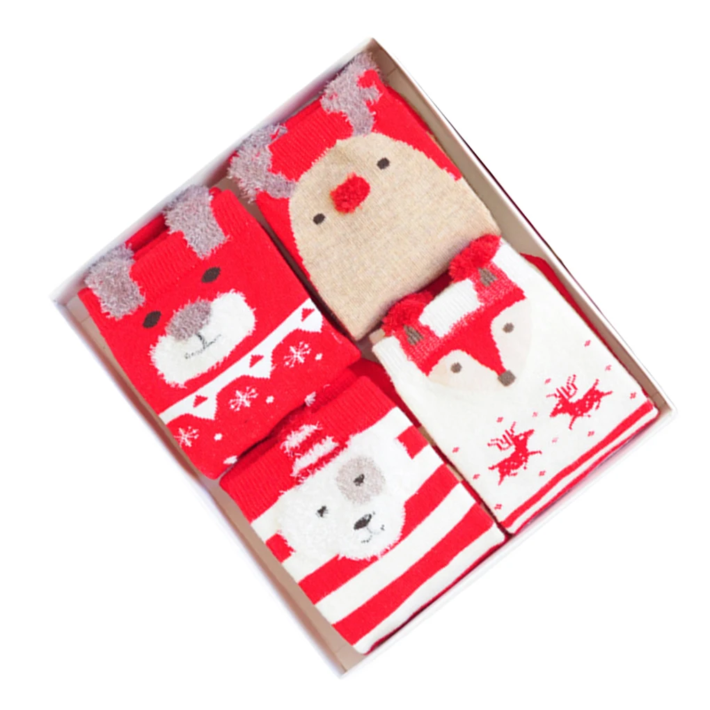 4 Pairs Cute Children Cartoon Printed Animal Socks Breathable Kids Mid Calf High Socks Christmas New Year Gift