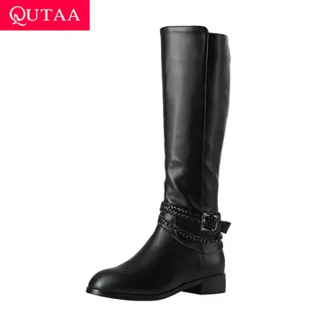 

QUTAA 2020 Buckle Square Heel Casual Autumn Winter Women Shoes Round Toe Cow Leather Zipper Fashion Knee High Boots Size 34-42
