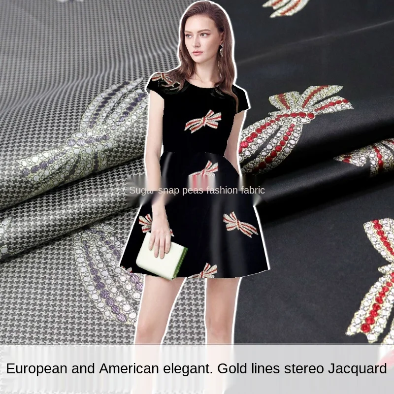 Золотая жаккардовая ткань с рисунком гусиные лапки трехмерная рельефная пряжа