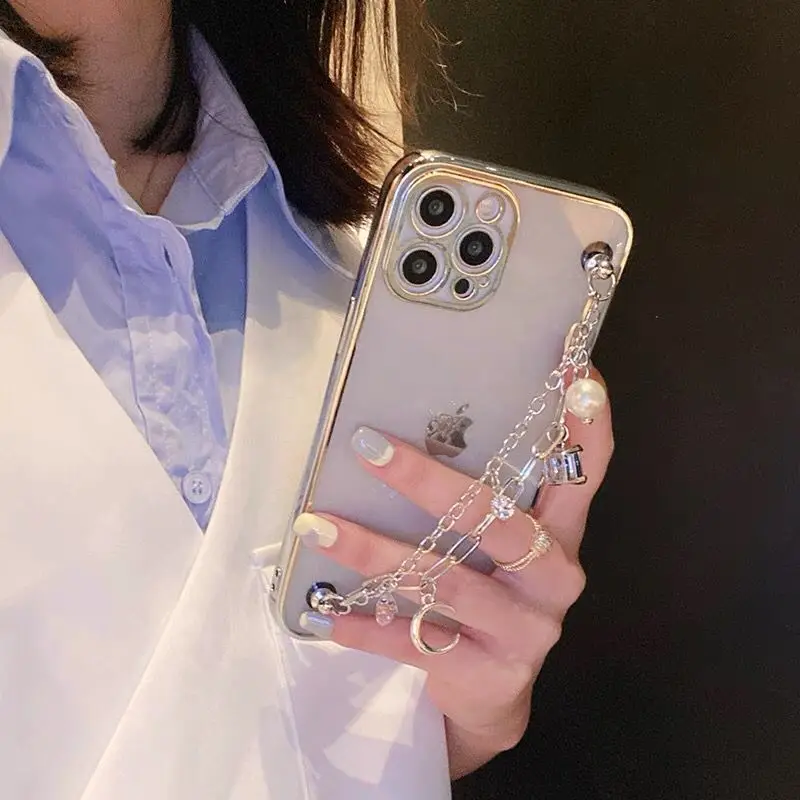 Elegant Bling Crystal Wrist Chain Phone Case with 6D Plating Pearls