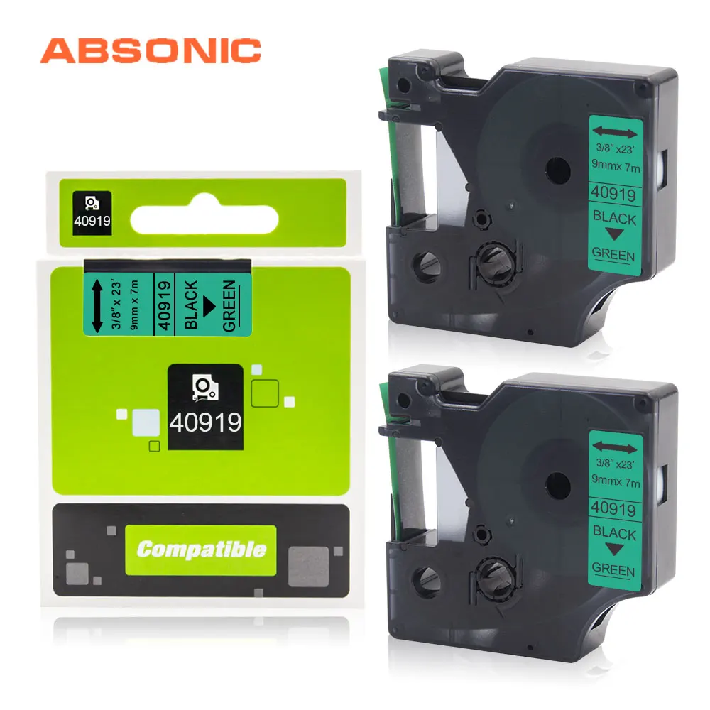 Absonic 2 шт. заменить D1 DYMO 40910 40913 40916 40917 40918 40919 9 мм Картридж ленточный совместимый с DYMO LabelManager 160 280 420P - Цвет: 40919 Black on Green