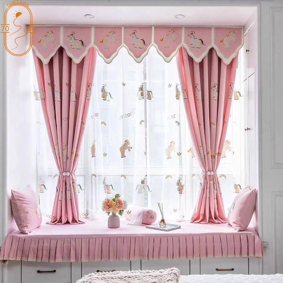 Cortinas de dibujos animados para habitación de niños, princesa para visillos de sala de estar, dormitorio, Pony, bordado, negras - Hogar jardín