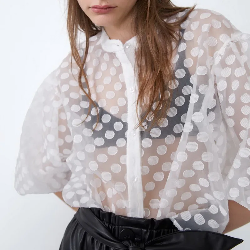 Shine Through Women Blouse Shirt 2020 Spring New Fashion Jacquard Dots Modern Lady Loose Tops | Женская одежда