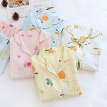 QWEEK Cotton Pajamas for Women Flower Print Pijamas Casual Soft Sleepwear Pyjamas Two Piece Set Spring Autumn Home Clothes Cute