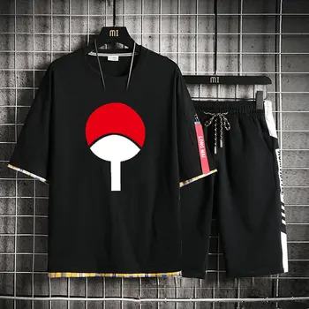 

High-Q Unisex Anime NARUTO Sharingan Pure Cotton T-Shirt Uchiha Sasuke punk rock loose Short Pants Sets