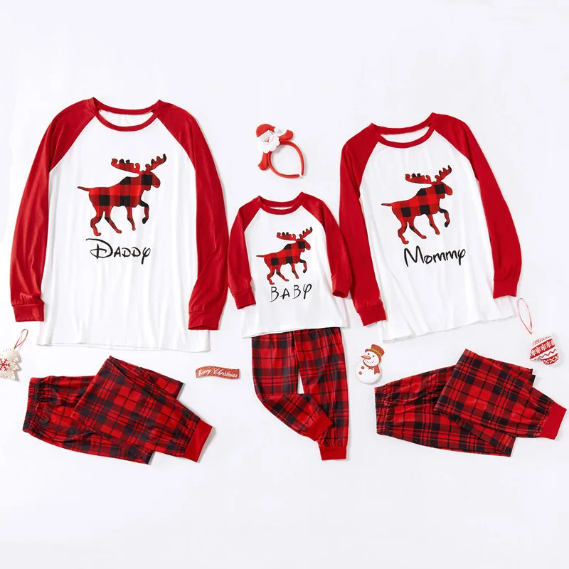 

Christmas Matching Christmas Pajamas Deer Print Red Plaid Mommy and Me Clothes Fashion 2019 Mom and Son Sets Family Clothing