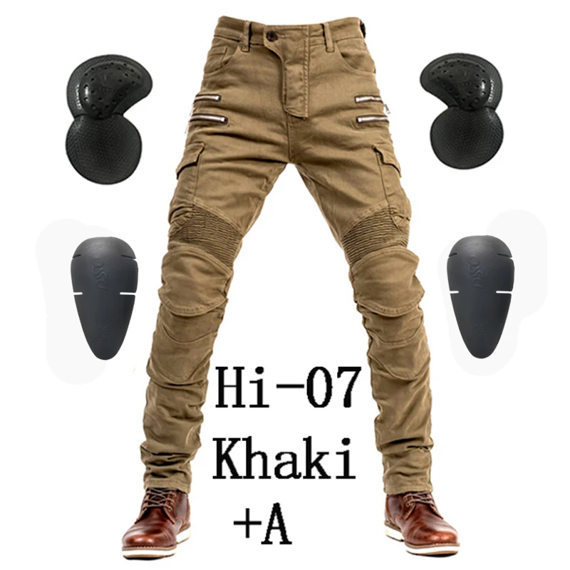 Hi-07 Khaki and A Мотоциклетные брюки мужские мото джинсы на молнии защитное снаряжение для езды на мотоцикле брюки для мотокросса с карманами на молнии мото брюки - Цвет: Hi-07 Khaki and A