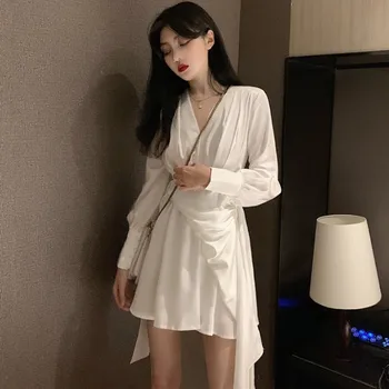 

2020 Spring New Style High Street Design Irregular Dresses Women V-neck Draped Waist mini Dress