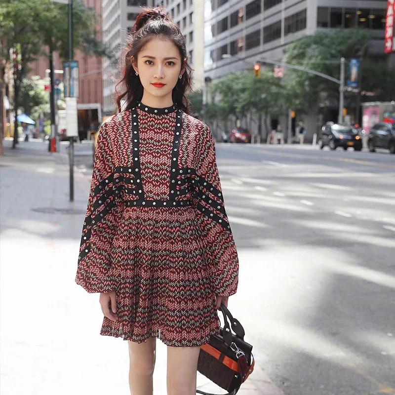 

2020 Early Spring Star Celebrity Style Europe And America WOMEN'S Dress Elegant Crew Neck Lantern Sleeve Retro Printed Pleated D
