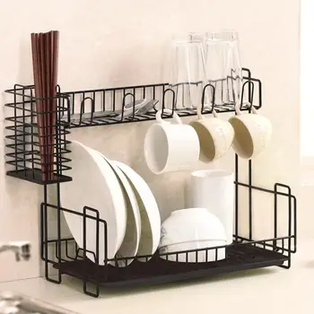 

Dish Rack Set 2-Tier Kitchen Organizer Tools Plate Spoon Storage Frame Steel Drain Shelf