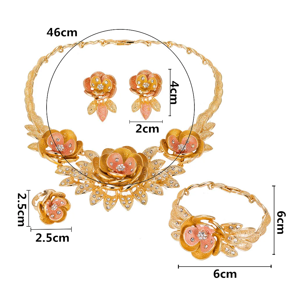 Африканский ювелирный набор цветок ожерелье браслет ювелирные изделия из золота из Дубаи набор для женщин Свадебная вечеринка ювелирные изделия Свадебные серьги кольцо ювелирные изделия