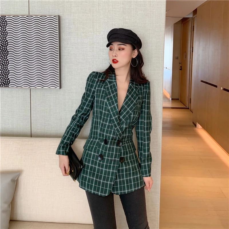 Hong Kong аромат нежный Ретро Элегантный Slim Fit словесность и искусство плед Корейский стиль костюм топы