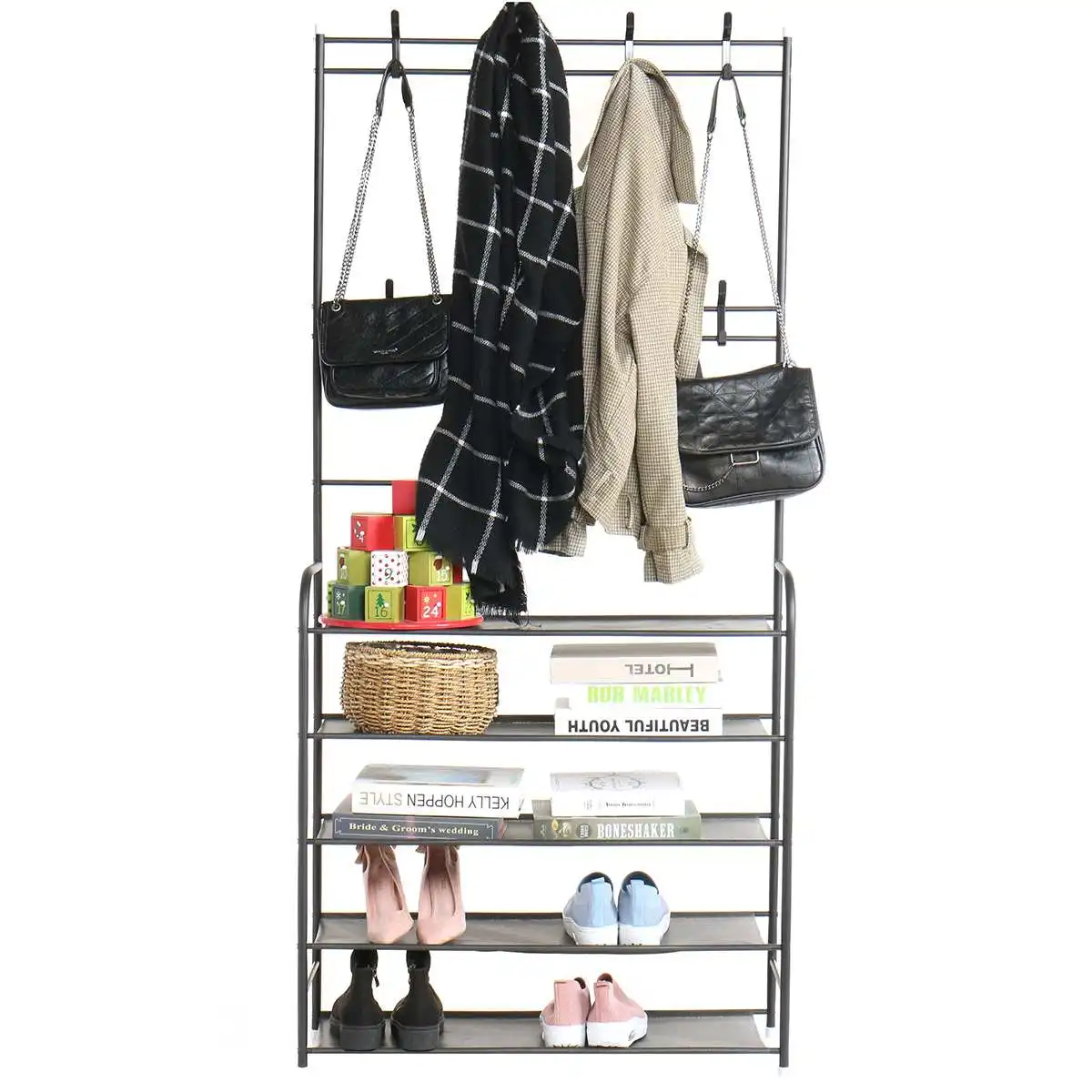 5 Tier Floor Clothes Hanger Coat Rack Hanger Storage Wardrobe Clothing Drying Shoes Racks Multifunctional