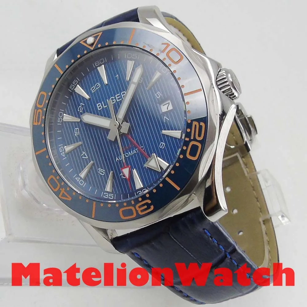 Новые 41 мм Bliger GMT оранжевые автоматические часы мужские роскошные механические водонепроницаемые с синим циферблатом и кожаным ремешком керамические светящиеся 940