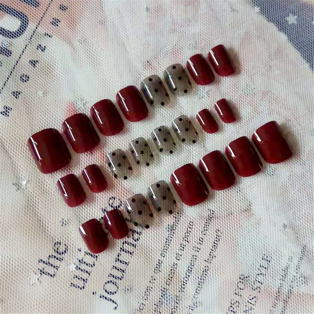 24pcs Fashion Fake Nails with Glue for Girls Red Color DIY Nail Art Tips 3D Dot 4