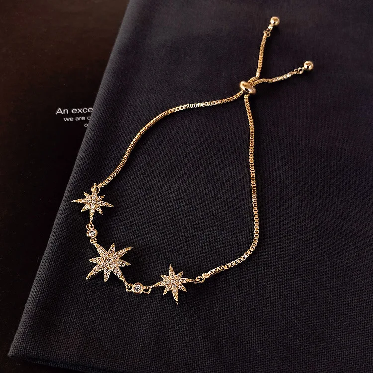 HUANZHI Korean New Pullable Astral Micro-inlay Rhinestone Spar Golden Chain Adjustable Jewelry Bracelet for Women Girls