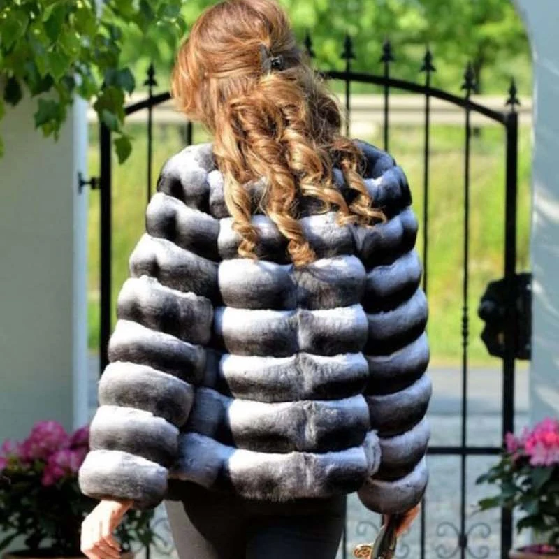 Модная Шиншилла куртка с мехом кролика рекс воротник-стойка Роскошные зимние женские пальто из натурального меха кролика рекс толстое теплое пальто