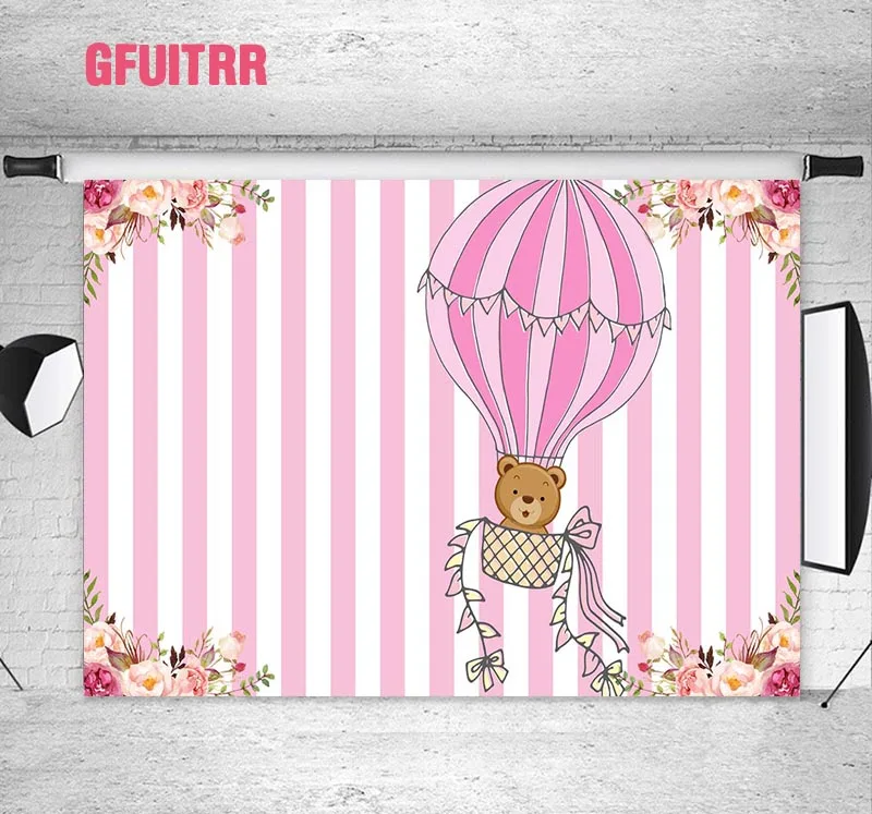 GFUITRR Hot Air Balloons Photography Backdrop Kids Birthday Pink Flowers Vinyl Photo Booth Background Stripes Banner | Электроника
