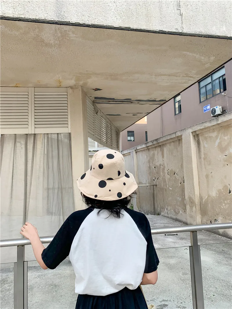 Sun Hat Women Summer Foldable Bucket Hat Harajuku Large Brim Dot Printed Beach Sun Hat Japanese Style Yellow Black Khaki Beige   (24)