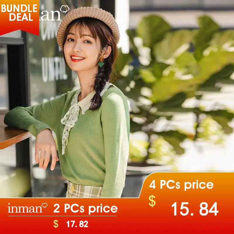 INMAN Spring New Arrival Turn Down Collar Women Loose Style Patchwork Design Women Contrast Color Pullover Sweater