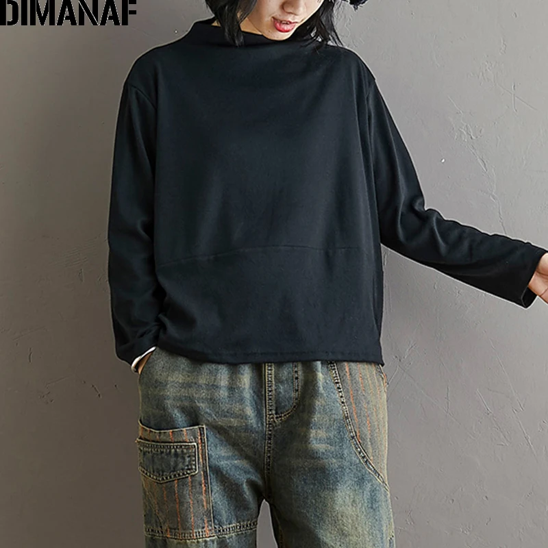 HJL2058-hei DIMANAF, женские футболки, хлопок, однотонный, водолазка, рубашки, свободные, на каждый день, для девушек, топы, туника, футболка, базовый, большой размер, длинный рукав, весенняя одежда - Цвет: HJL2058-hei