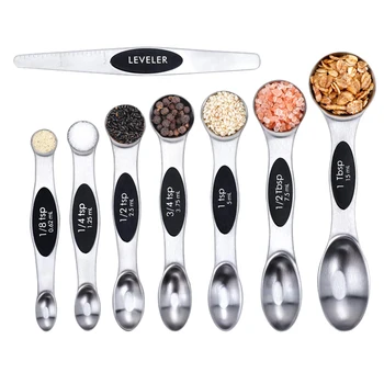 

Premium Stainless Steel netic Measuring Spoons, 8 Piece Set with Leveler, Easy to Attach and Detach, Double-Sided Design Fits