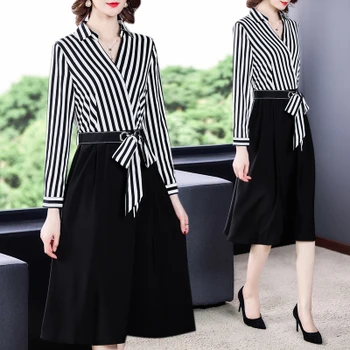 

Fake Two Dress Women Patchwork Ladies Dresses Long Sleeve Dress Elegant M Vestidos De Fiesta De Noche Middle Aged Vestido