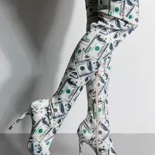 Пикантные высокие сапоги до бедра с сумочкой в виде денег; женские Сапоги выше колена; шикарные эластичные пикантные женские сапоги с острым носком; Botas bottine femme