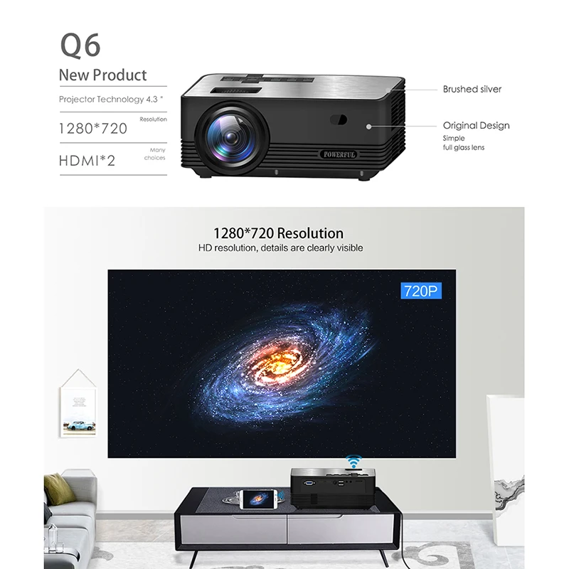 

OPQ-Q6 Smart Android Wireless Portable Mini Projector Full-HD 1280x720P Proyector Beamer Home Theater EU Plug