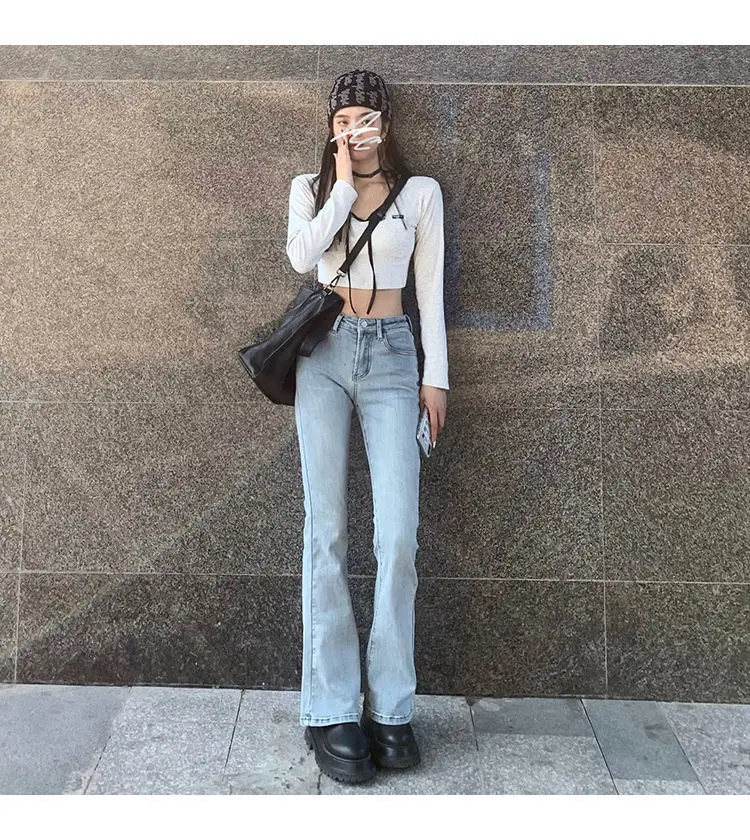 Women's Vintage High Waist Trumpet Full Length Jeans Female Lady Streetwear Elastic Slim Denim Flare Boot Cut Pants For Women wide leg jeans