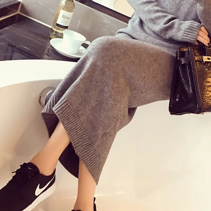 

2019 Autumn And Winter New Style Long Sleeve High Collar Knit Sweater Dress Women's Slim Fit Long over-the-Knee Base Dress Long