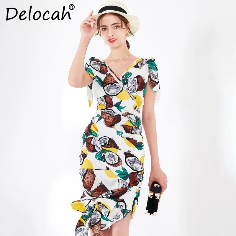 

Delocah 2020 Spring Summer Women Dress Runway Fashion Designer Sexy V-Neck Simple Bow Printed Slim Lady Holiday Mermaid Dresses