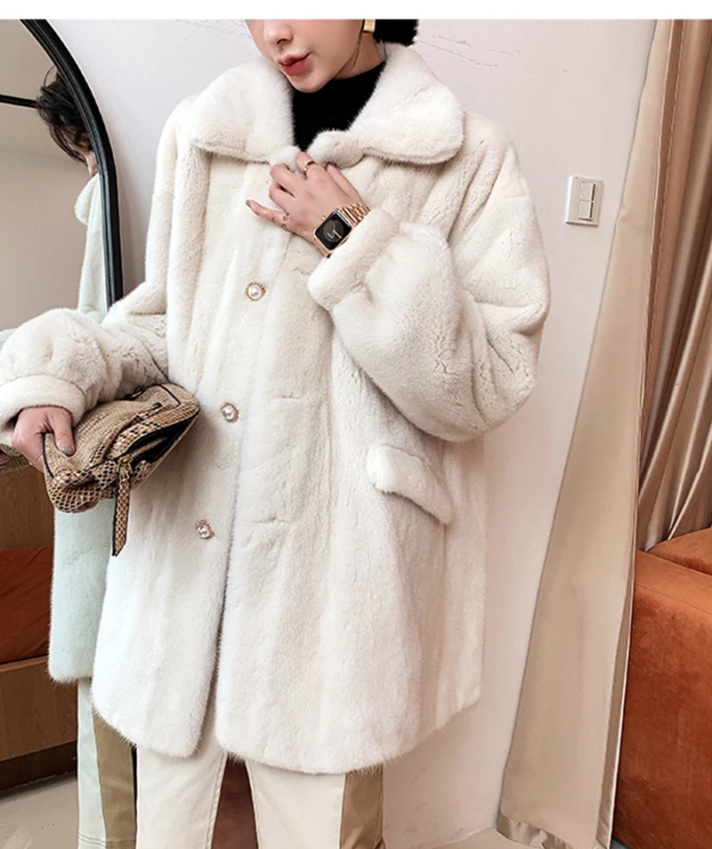 Ftangaiur2019 Winter Import Purple standard Velvet Mink Fur Coat Beige With Pockets Mink Coat Women's Medium Real Mink Fur Coats