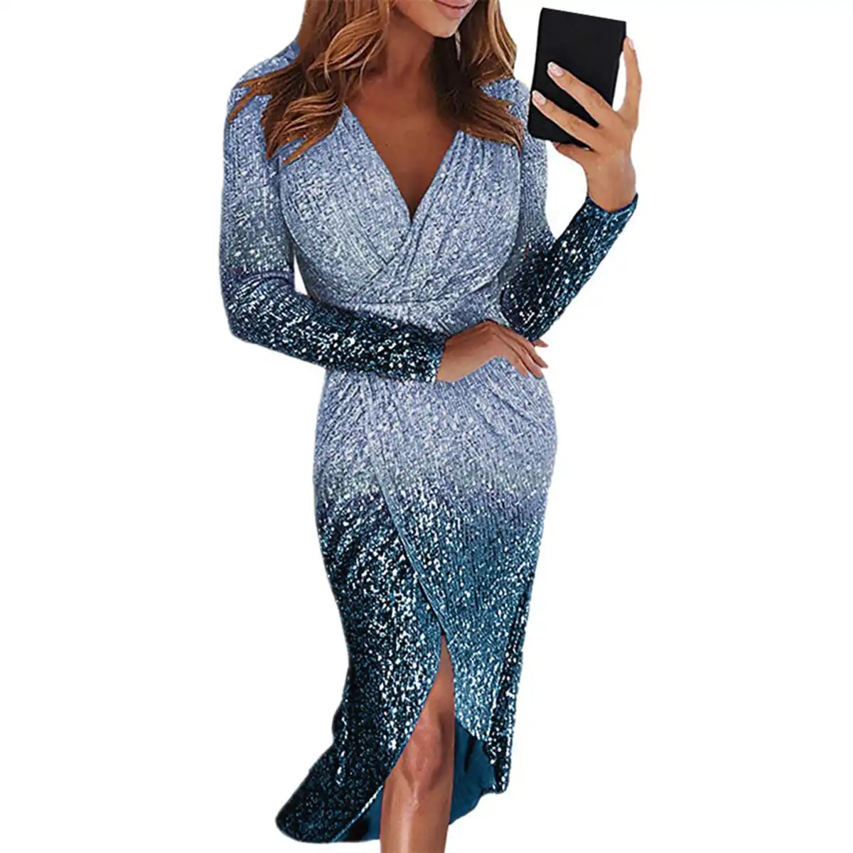 long sleeve split midi dress