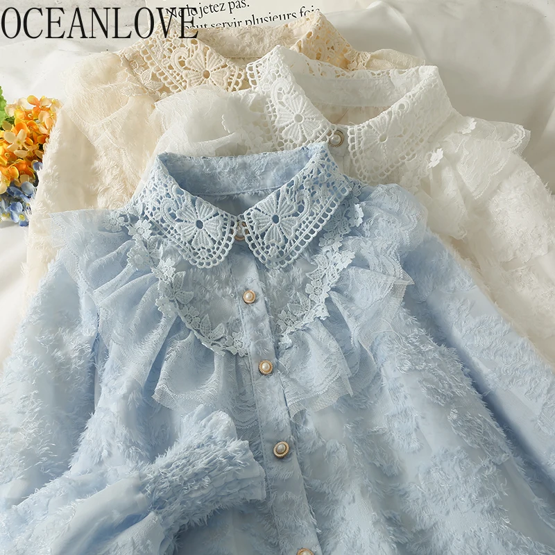 OCEANLOVE Кружевные блузы осень-зима с оборками однотонные Элегантные корейские