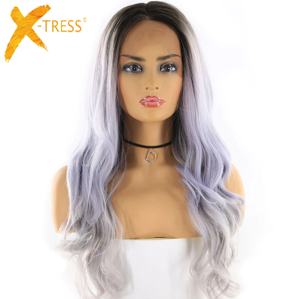Светло-фиолетовый эффектом деграде(переход от темного к цветной синтетический парик шнурка /средняя часть X-TRESS 24 дюймов длинные волнистые 13x4 Синтетические волосы на кружеве парик с детскими волосами