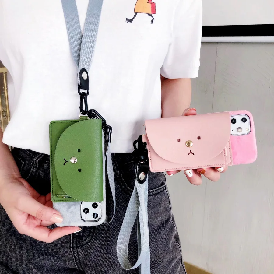 Мультяшный медведь ремешок для кошелька чехол для iPhone 11 Pro Xs Max X Xr 6 6s 7 8 Plus конфетный Кошелек для монет шейный шнур плюшевый пух чехол