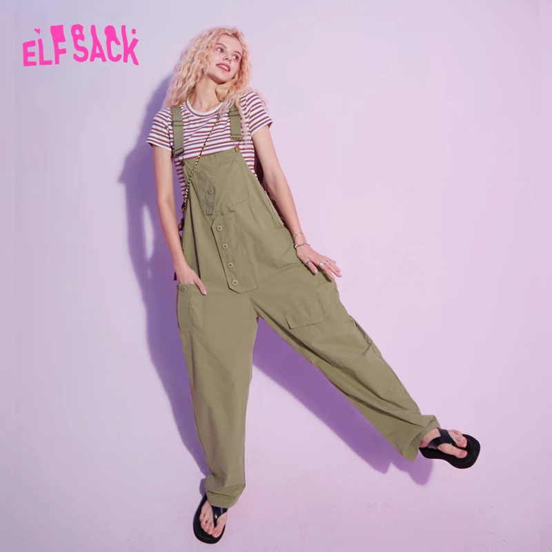 ELFSACK Khaki Solid Chic Button Casual Women Overall Sarari Panst 2020 Autumn ELF Pocket Straight Korean Ladies Daily Jumpsuits ELFSACK Khaki Solid Chic Button Casual Women Overall Sarari Panst 2020 Autumn ELF Pocket Straight Korean Ladies Daily Jumpsuits