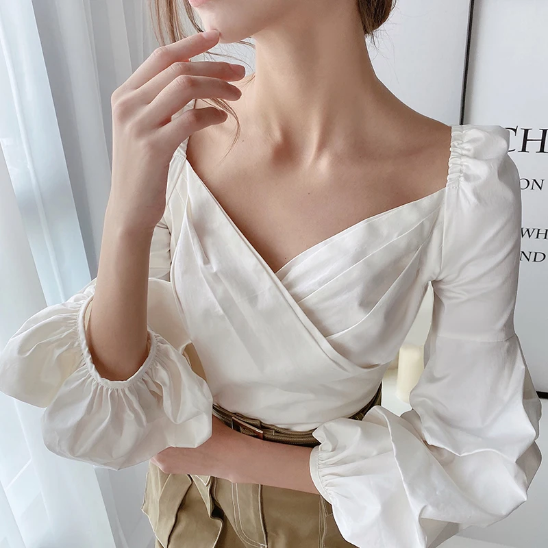 

Dabuwawa Vintage Elegant Cross Wrap Shoulder Solid Shirts Women Lanter Sleeve Sexy Blouses Tops Office Lady Female DT1AST003