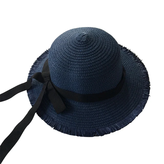 Girls Summer Cap Black Ribbon Decorate Wavy Straw Hat For Girls Children Panama Hat Kids Sun Cap Baby Beach Hats navy blue