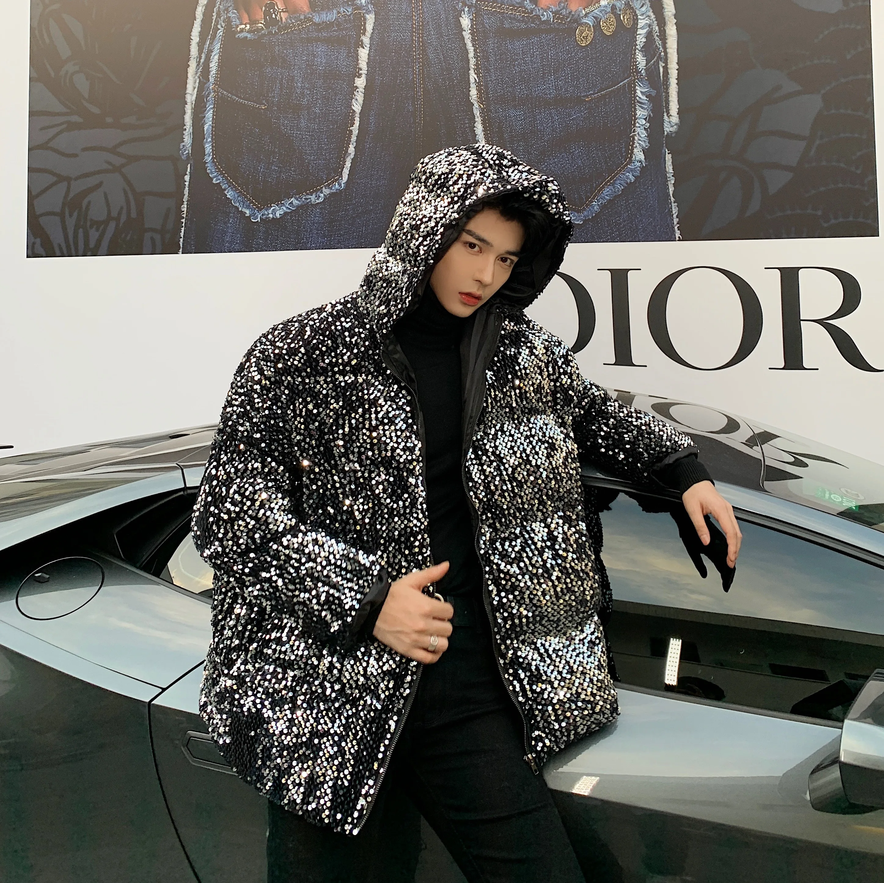 

Mens Thick Gothic Jacket and Sequins Coats with Hood for Winter Warm Clothes and Bright Hip Hop Streetwear Korean Puffer Jackets