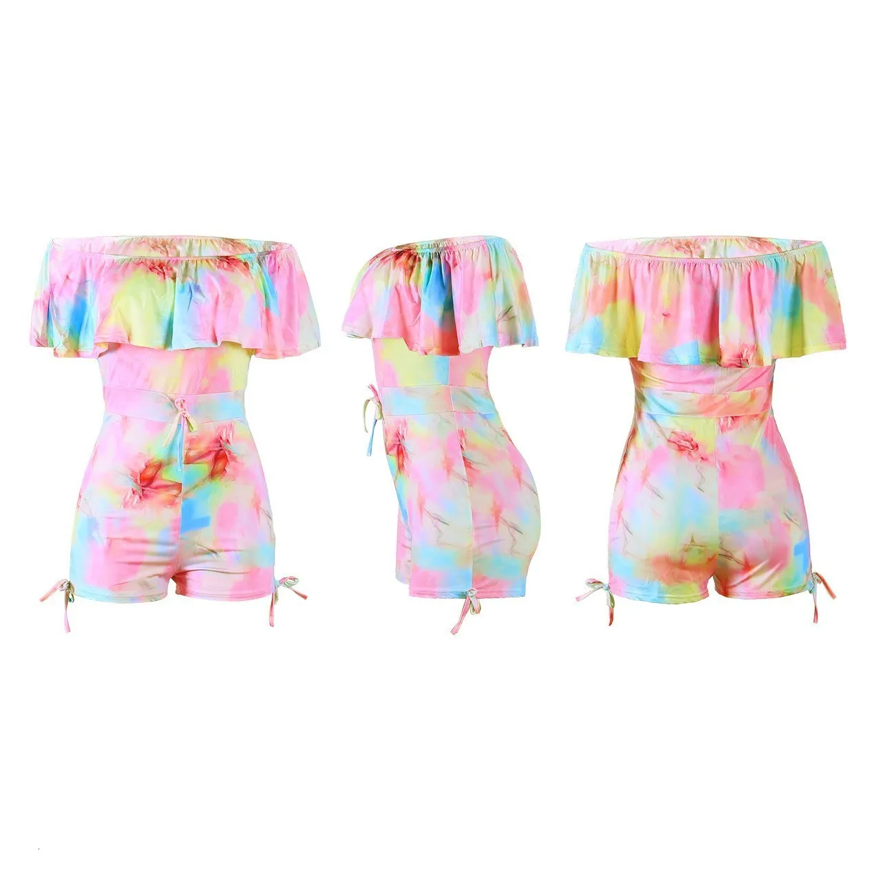 Сексуальный бандажный комбинезон с принтом Tie Dye, женский пляжный короткий комбинезон с вырезом лодочкой и рюшами, летний обтягивающий комбинезон с открытой спиной