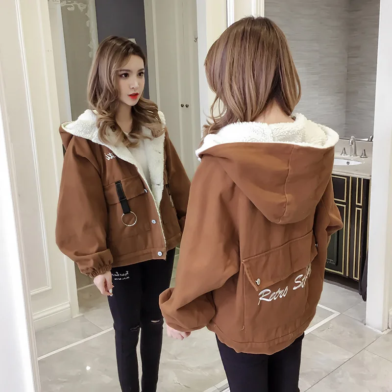 

Photo Shoot Students Lambs Wool Cowboy Cotton-padded Clothes 2019 Winter New Style Loose-Fit Brushed And Thick Hooded Cotton Ove