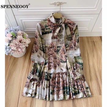 

SPENNEOOY Designer Custom Runway Autumn Women Elegant Vintage Midi Dresses Ladies Bow Tie Multicolor Floral Print Cotton Dress