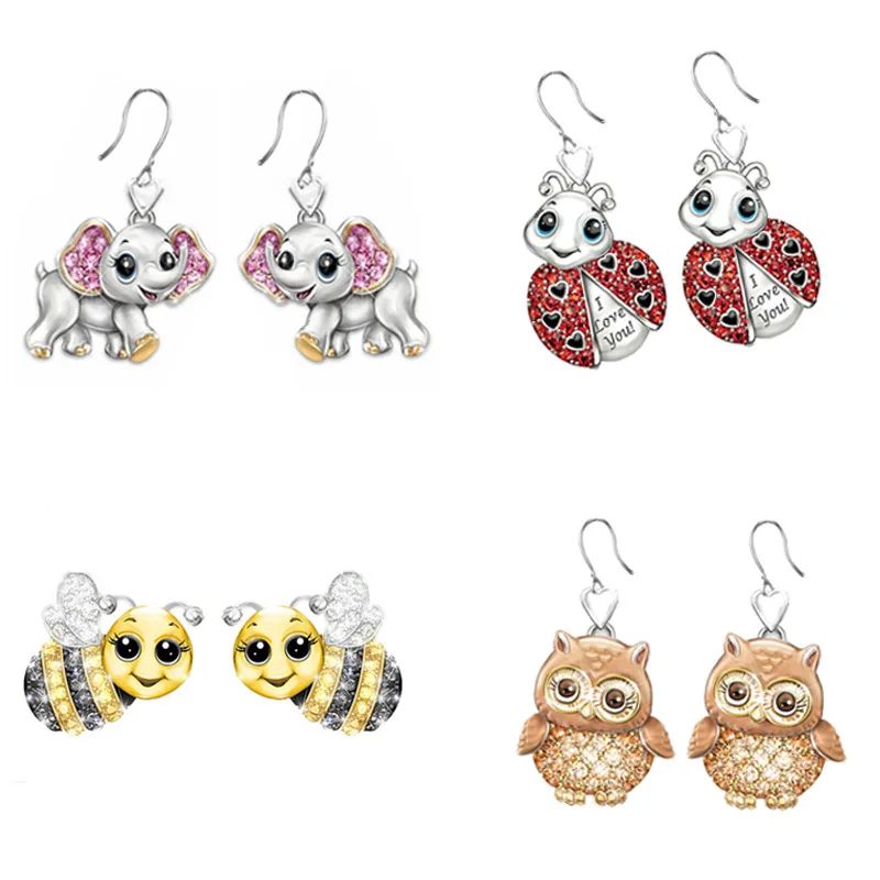 

6 Styles Lovely Small Animals Ear Stud Earrings for Women Girls Owl Bee Insect Dangle Earring Hoop Wedding Party Jewelry